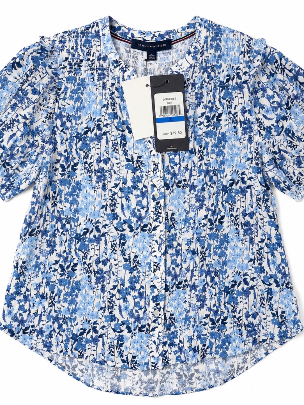 Tommy Hilfiger Women's Blouse Shirt Size XL NWT Blue White Floral Puff Sleeve